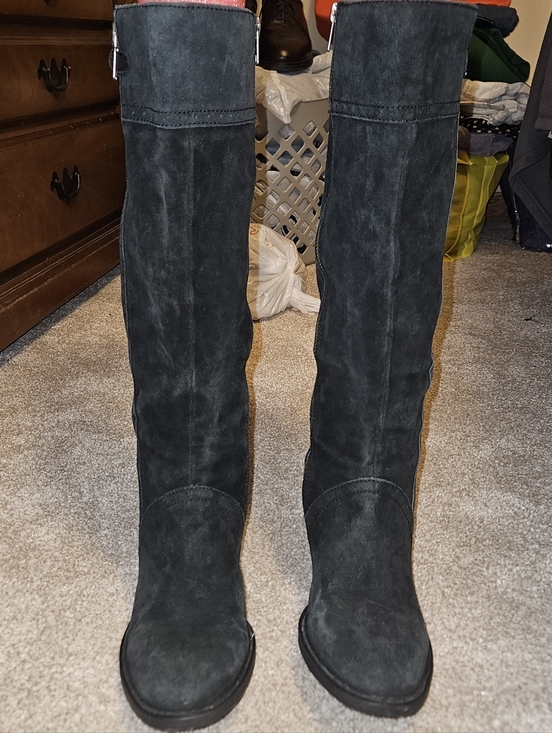 Born Shoes - Born Black Suede Knee-High Dual Zip Heeled Boots Size 8